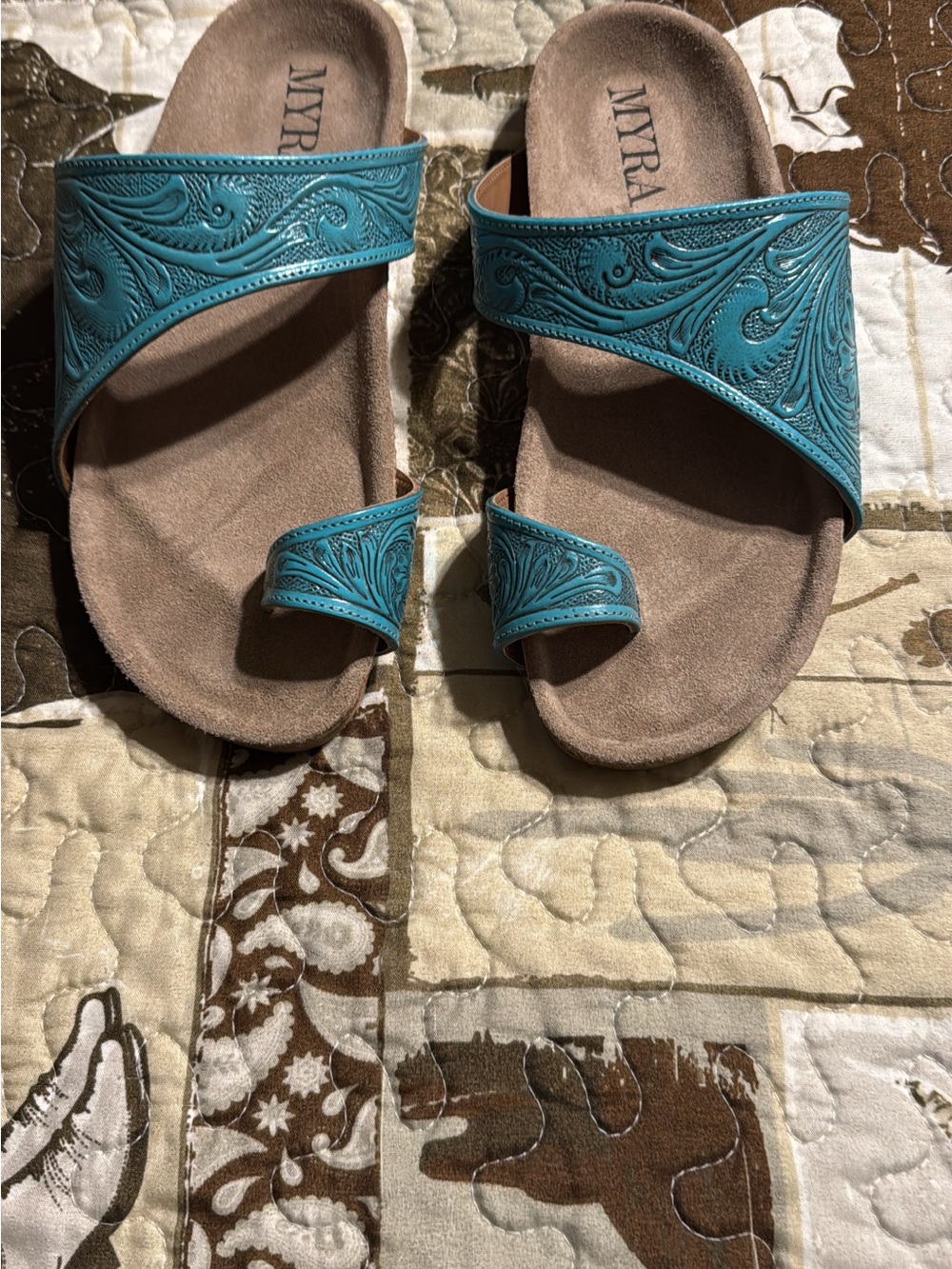 Myra Bag Turquoise Embossed Leather Slide Sandals